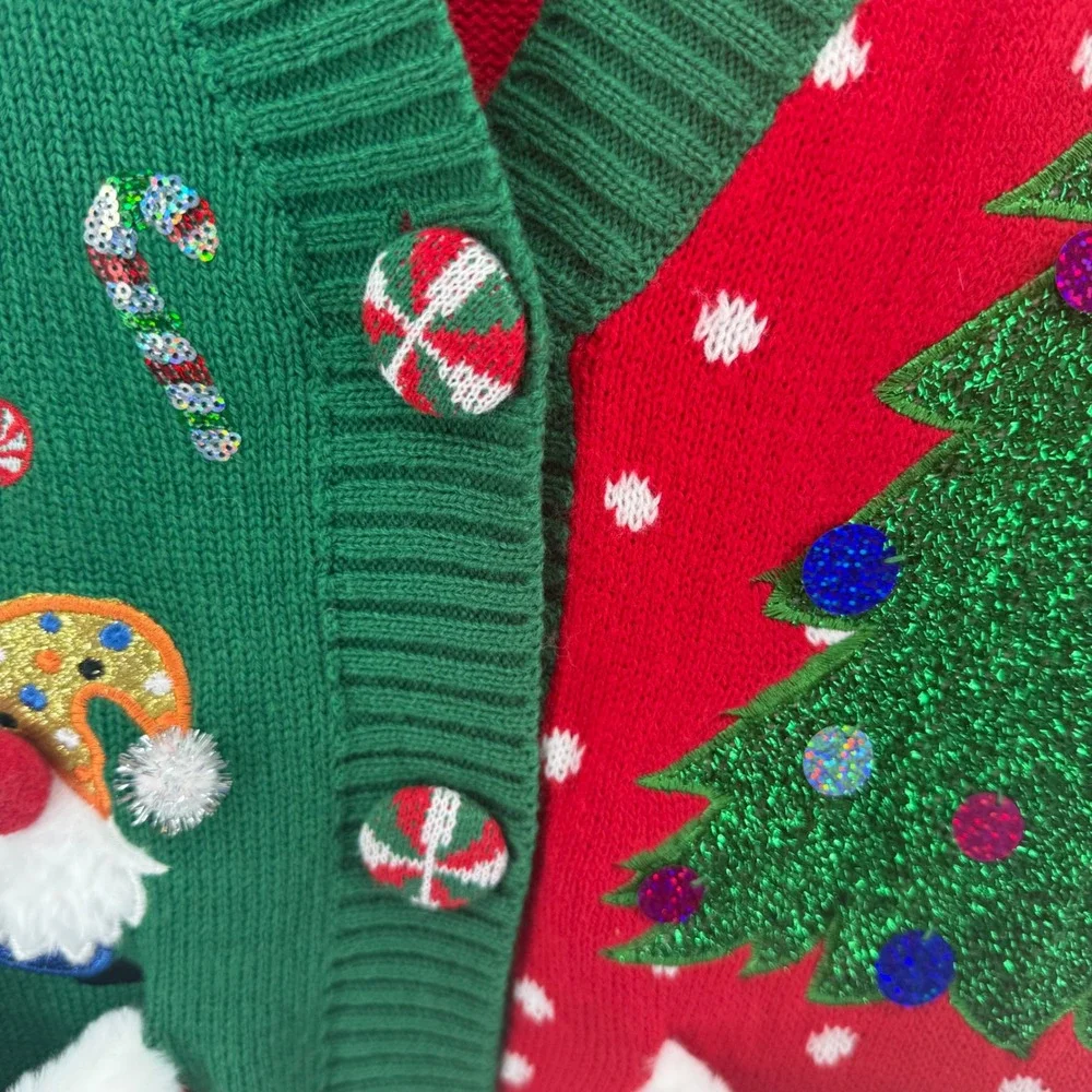 Holiday Time Womens Ugly Christmas Cardigan Sweater Gnomes Tree Red Green Small